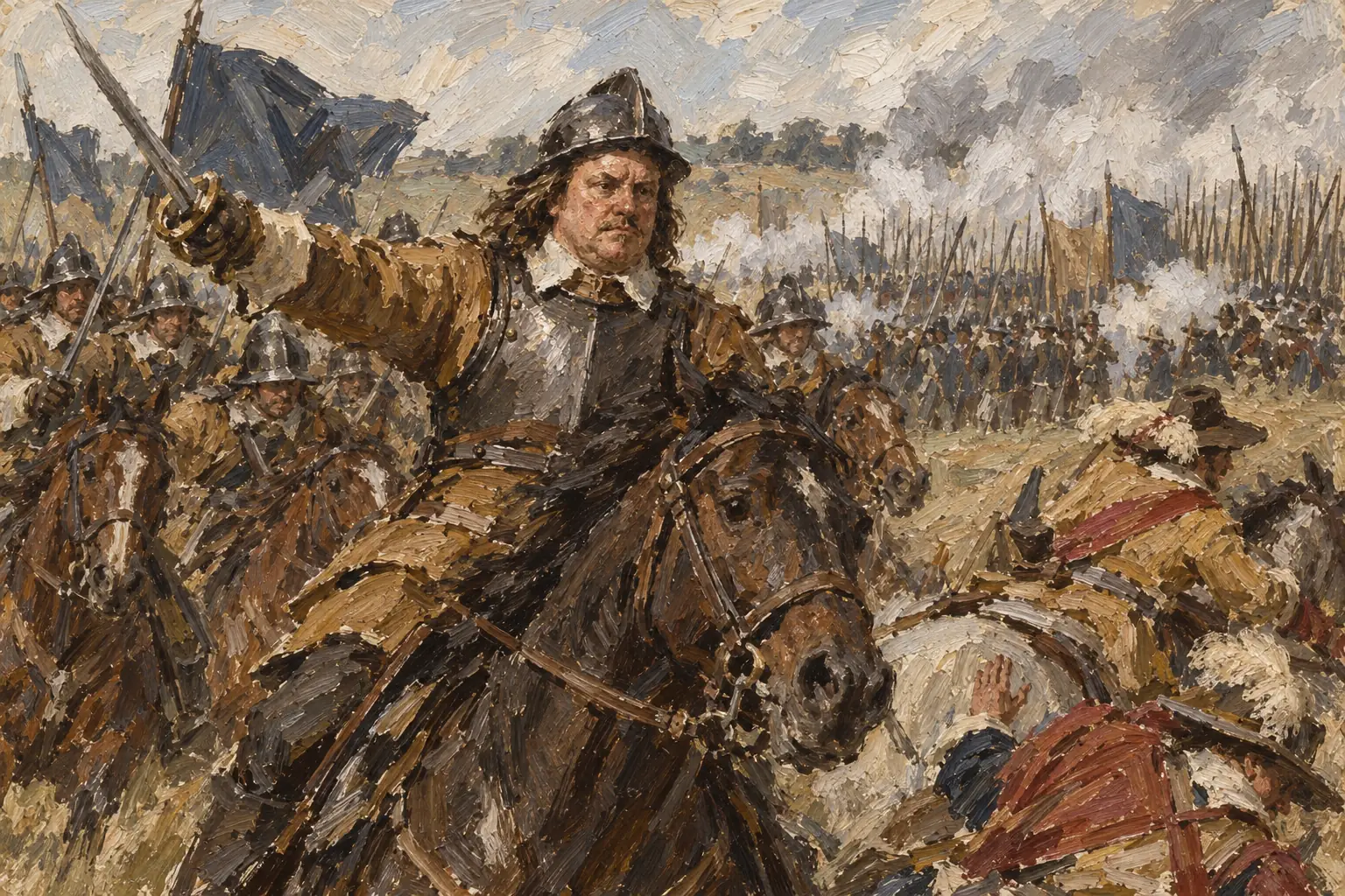 At Naseby on 14 June 1645 Cromwell's cavalry broke the Royalist horse, and the king's army was destroyed
