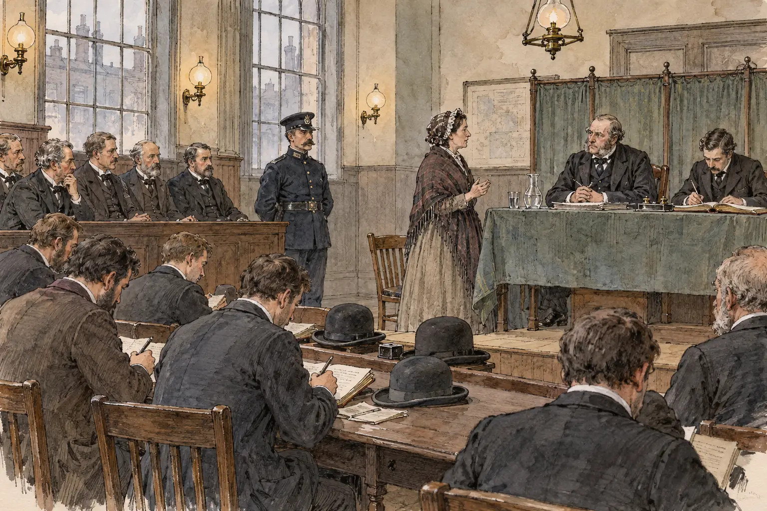 At the 1888 inquests held in the Working Lads' Institute on Whitechapel Road, each witness's evidence was written down for the court while newspaper reporters took their own notes, so where the official record survives, the press reports can be checked against it.