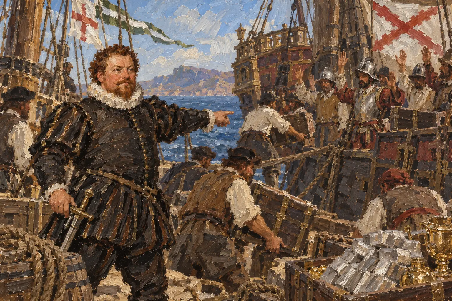 Drake raided Spanish ships and ports along the Pacific coast of South America, capturing silver and gold