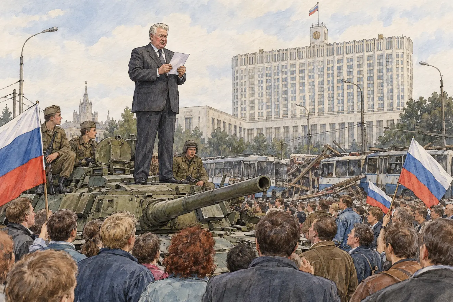 During the hardliners' coup in August 1991 Boris Yeltsin stood on a tank outside the Russian parliament and called for resistance