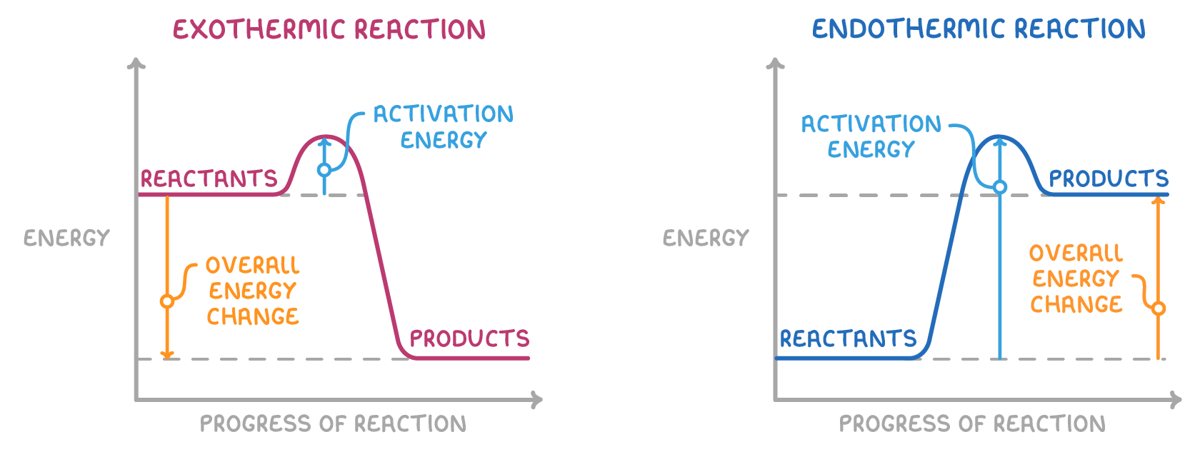 Two reaction profiles, each with an activation energy arrow up to the peak and an overall energy change arrow between levels: products sit below reactants under exothermic reaction and above under endothermic reaction.