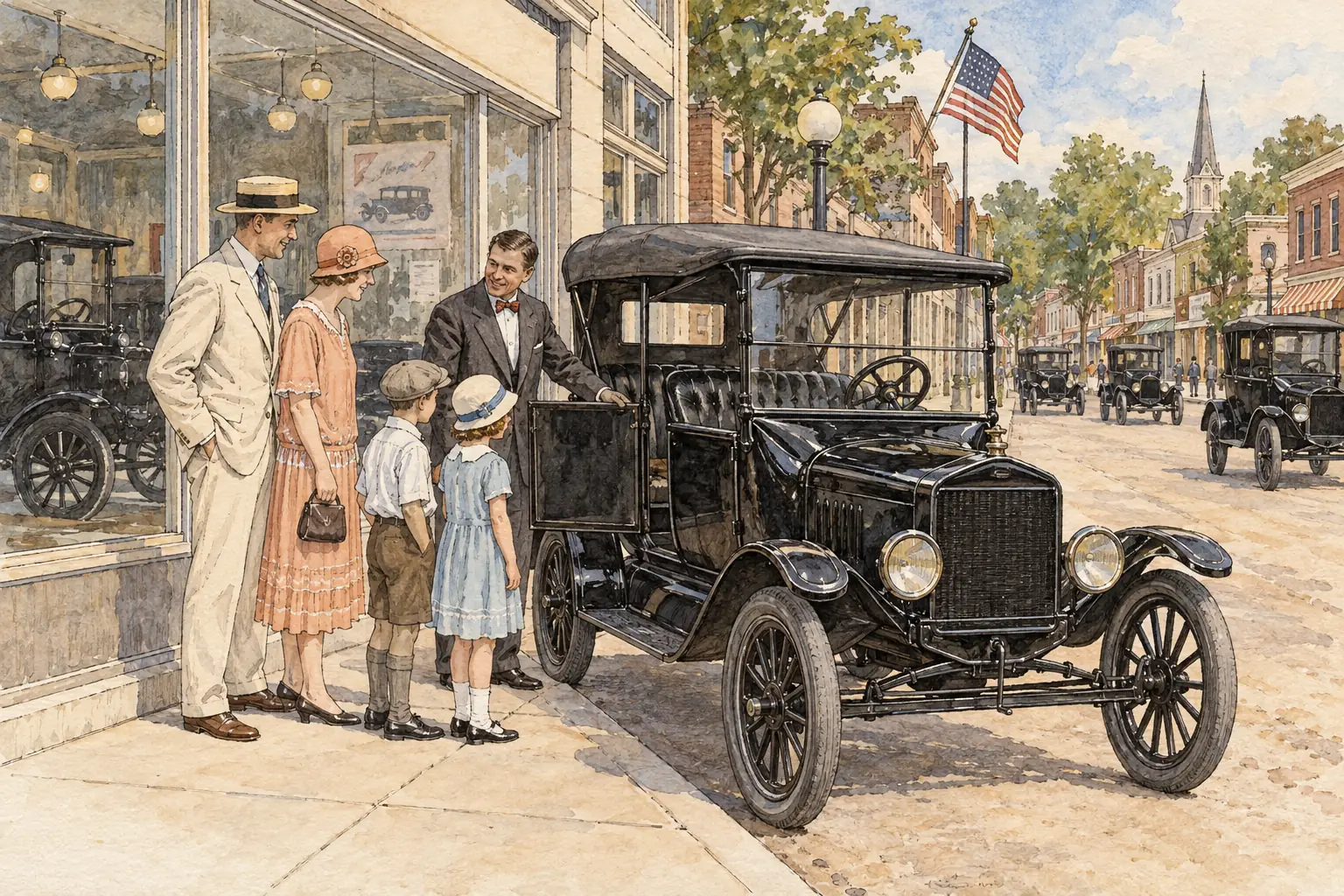 Mass production cut the price of a Model T from 850 dollars in 1908 to around 300 dollars by the mid-1920s, so many middle-class families could buy a car for the first time.