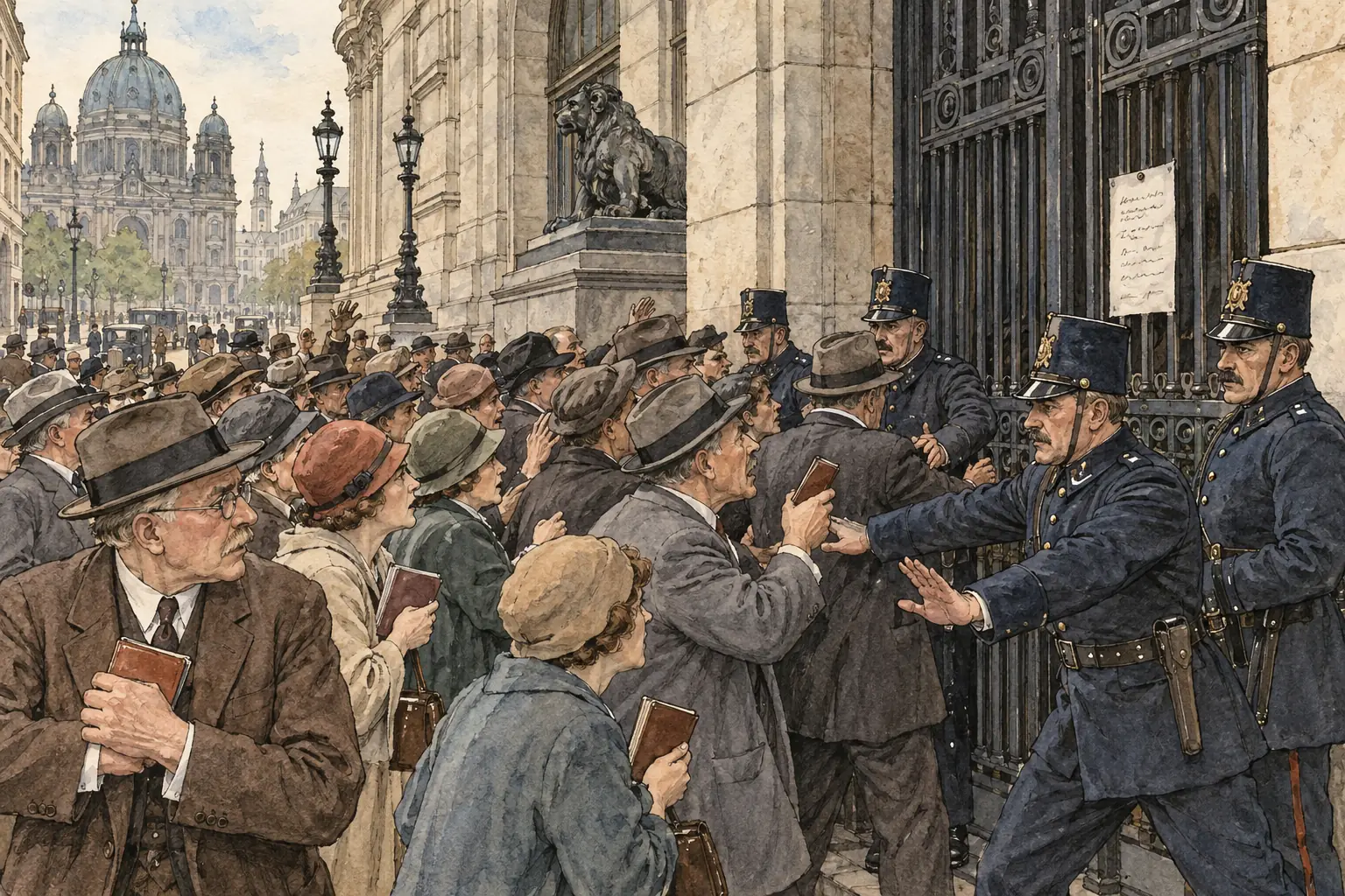 Savers outside a closed Berlin bank in 1931, as German banks failed once American loans were recalled