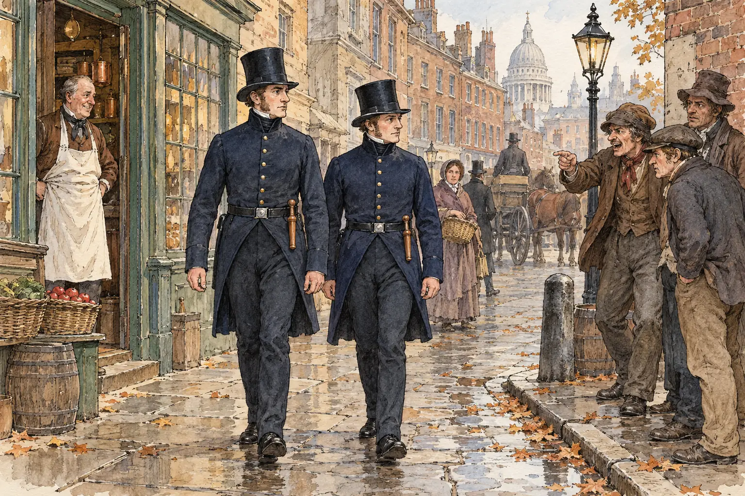 The first Metropolitan Police constables of 1829 wore blue tailcoats and top hats so that they would not look like soldiers, but many people still distrusted them.