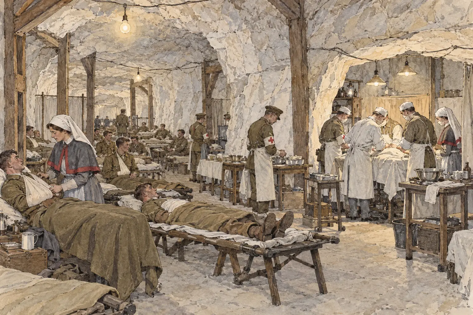 Built in 1916-17 in tunnels beneath Arras, the underground hospital had up to 700 beds and its own operating theatres.