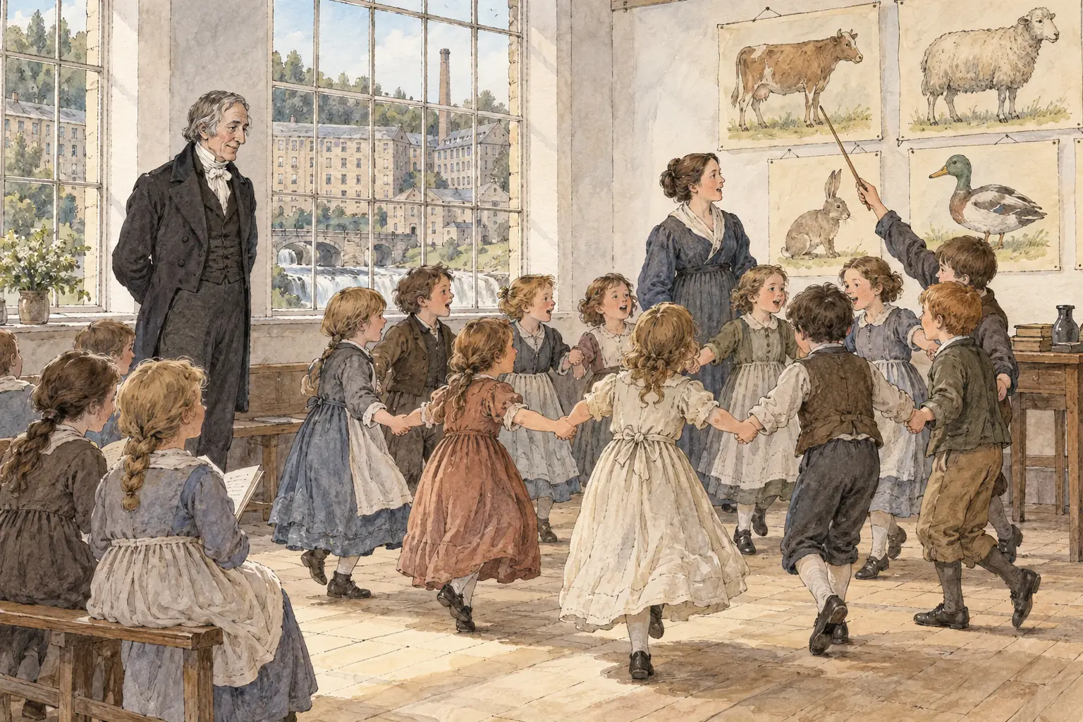At his New Lanark mills Robert Owen limited child labour and opened a school for the workers' children, and he later led the movement to unite all trades in one great union.