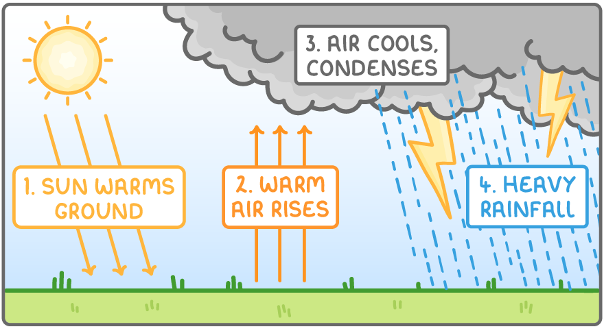 Convectional rainfall in four steps: 1, the sun warms the ground; 2, warm air rises; 3, the air cools and condenses into clouds; 4, heavy rainfall, with lightning.