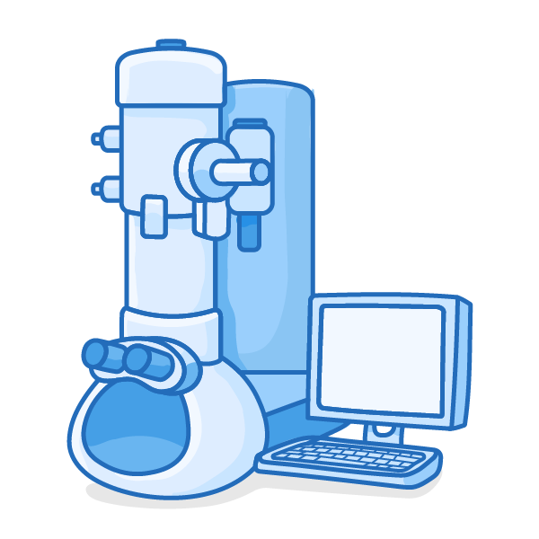 An electron microscope drawn as a tall column of cylinders and control knobs, a computer monitor and keyboard beside it, and a rounded chamber with a handle at the front, carrying no labels.