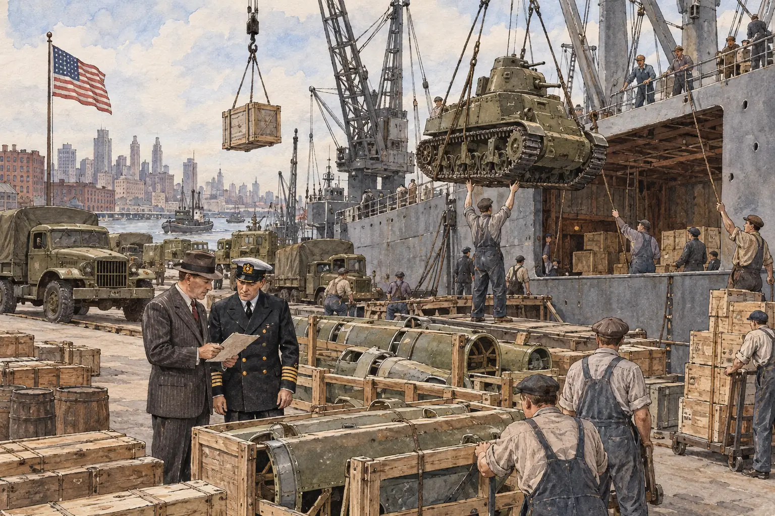 Under Lend-Lease from March 1941, American factories made tanks, trucks and food for Britain and other Allies