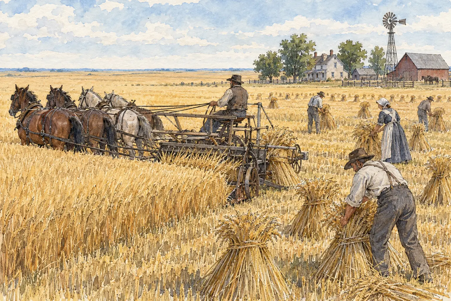 Reapers and binders cut and tied the harvest by machine, so farmers could work far larger fields with fewer workers.
