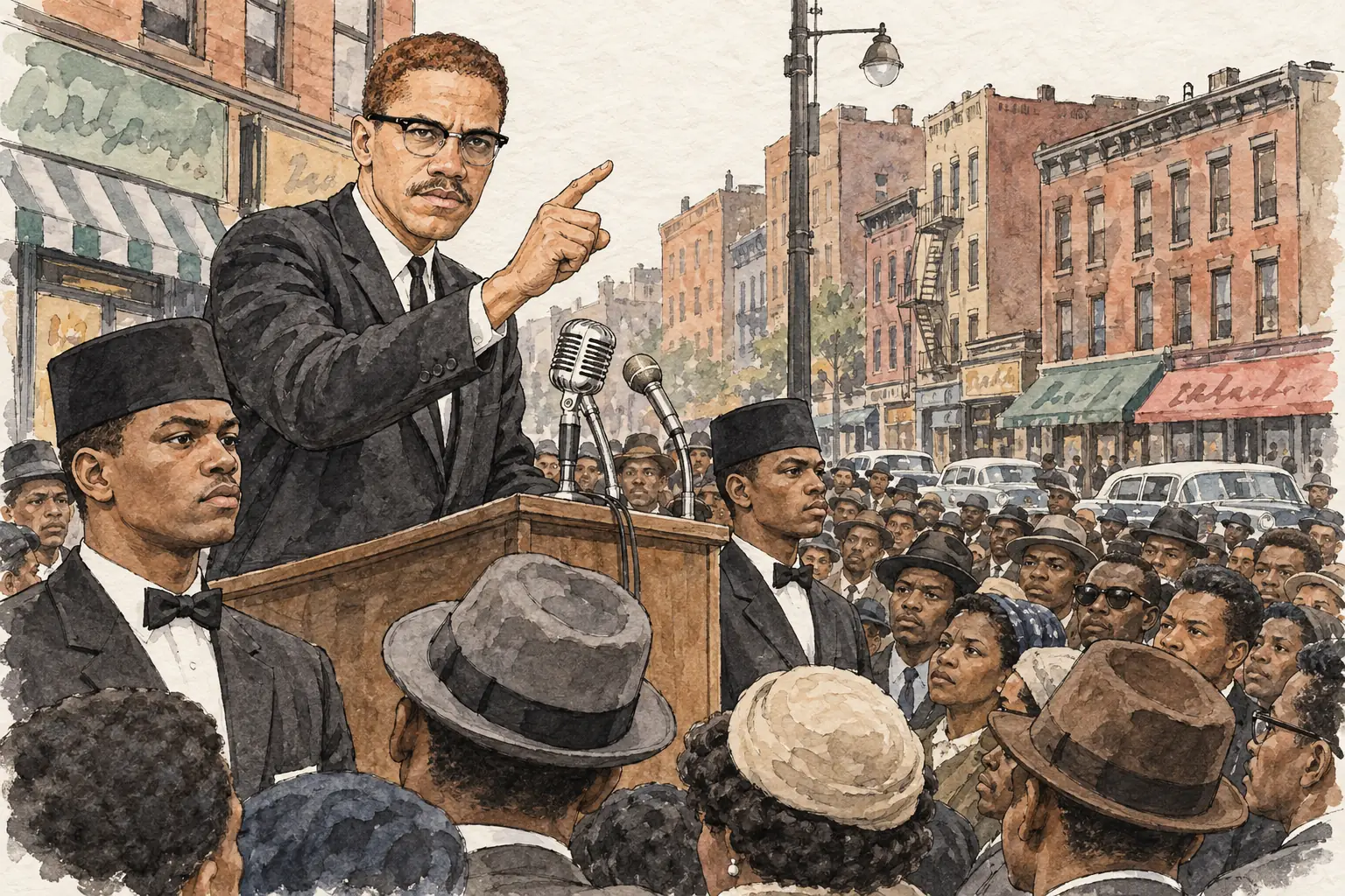 Malcolm X, a minister of the Nation of Islam, spoke at street rallies in Harlem, urging Black pride, self-reliance and the right to self-defence.