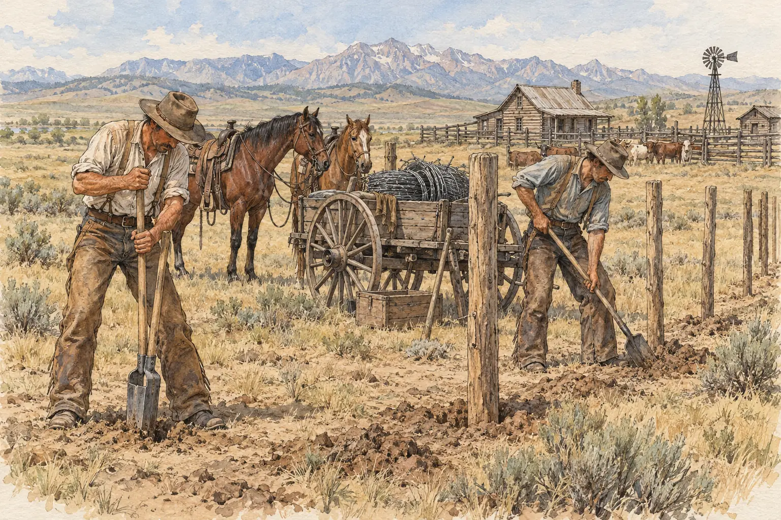 After the open range ended, cowboys spent more of their time on routine work such as digging post holes and mending fences.