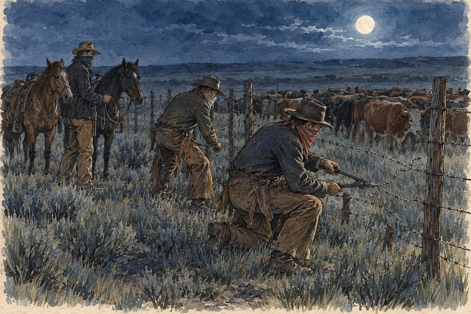 In the range wars, men cut rivals' barbed-wire fences at night to reopen the range to cattle.
