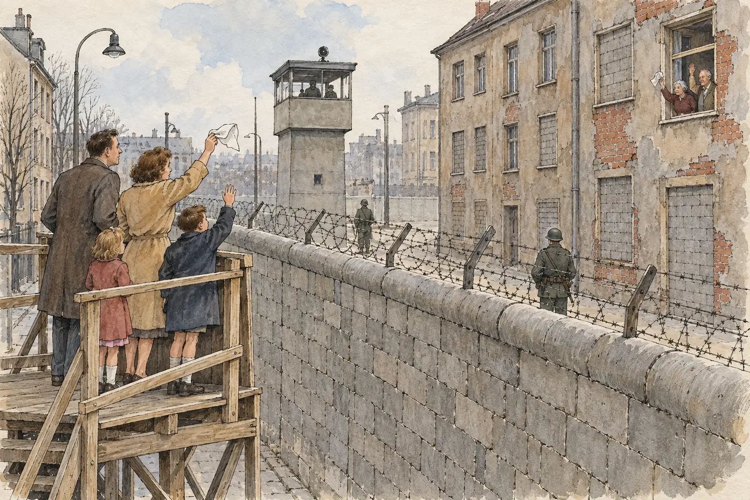 On Bernauer Strasse the windows of houses on the eastern side were bricked up, and West Berliners waved across the wall to relatives they could no longer visit