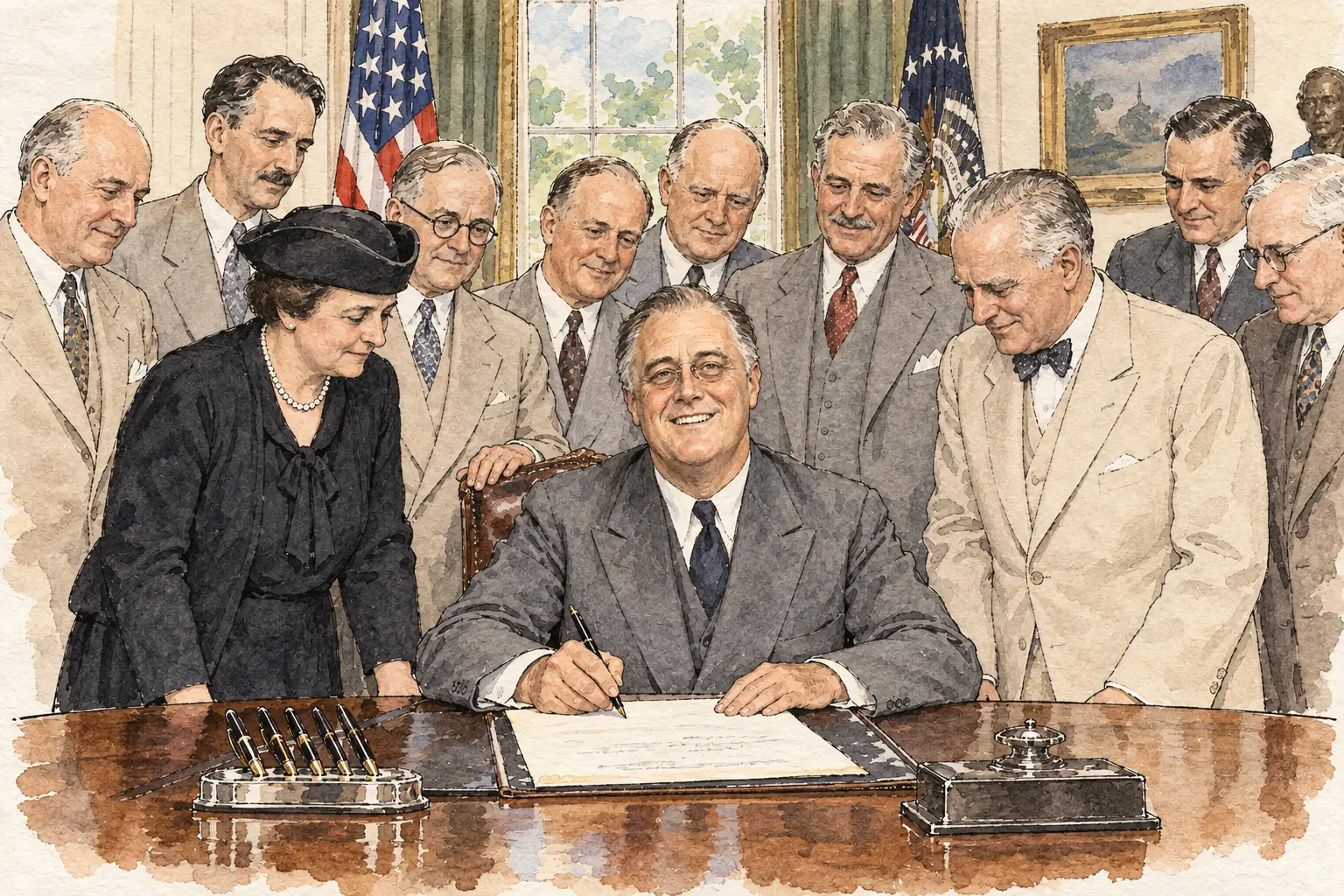 Roosevelt signed the Social Security Act on 14 August 1935, creating old-age pensions and unemployment insurance; Frances Perkins, his Secretary of Labor and the first woman in a US cabinet, had helped to draw it up.