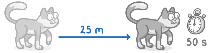 The same grey cat drawn at each end of a blue arrow labelled 25 m, with a stopwatch reading 50 s beside the cat on the right.