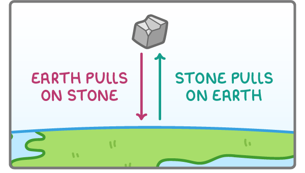 A grey stone in the air above green ground, with a pink arrow pointing down labelled earth pulls on stone and a green arrow pointing up labelled stone pulls on earth.