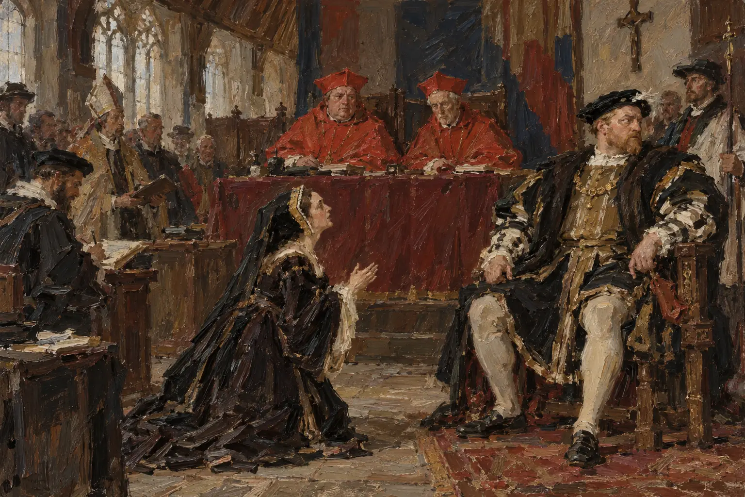 In June 1529 a church court at Blackfriars, led by two cardinals, heard Henry's case for an annulment; Catherine of Aragon knelt and pleaded with him, and the court never gave a verdict.
