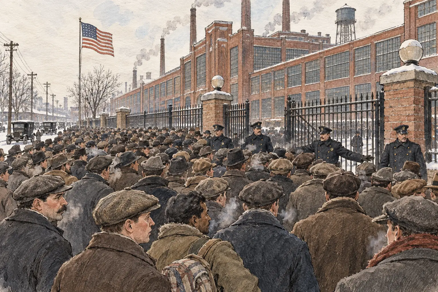 When Ford announced a wage of five dollars a day in January 1914, about double the usual factory rate, thousands of men crowded the gates of the Highland Park plant looking for work.