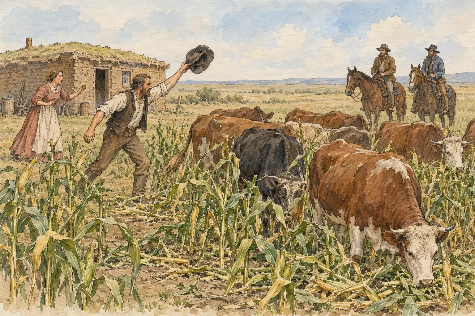 Cattle straying from the open range trampled and ate homesteaders' unfenced crops, a constant cause of anger.
