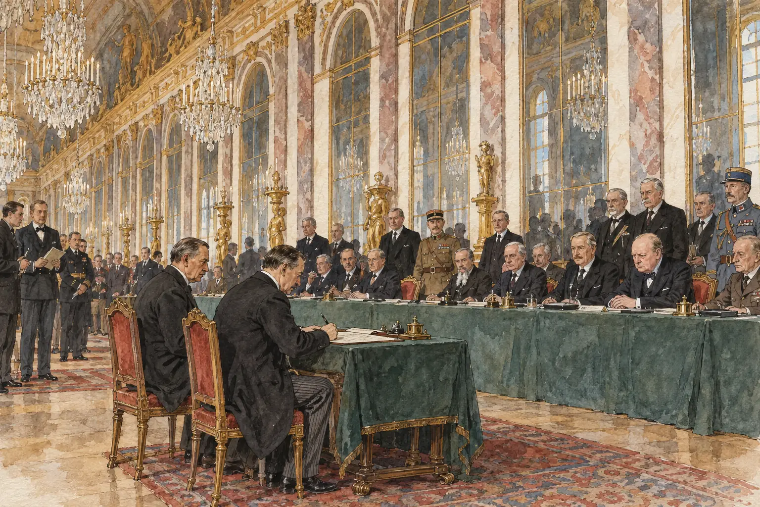 German delegates sign the Treaty of Versailles in June 1919, accepting blame for the war and agreeing to pay reparations.