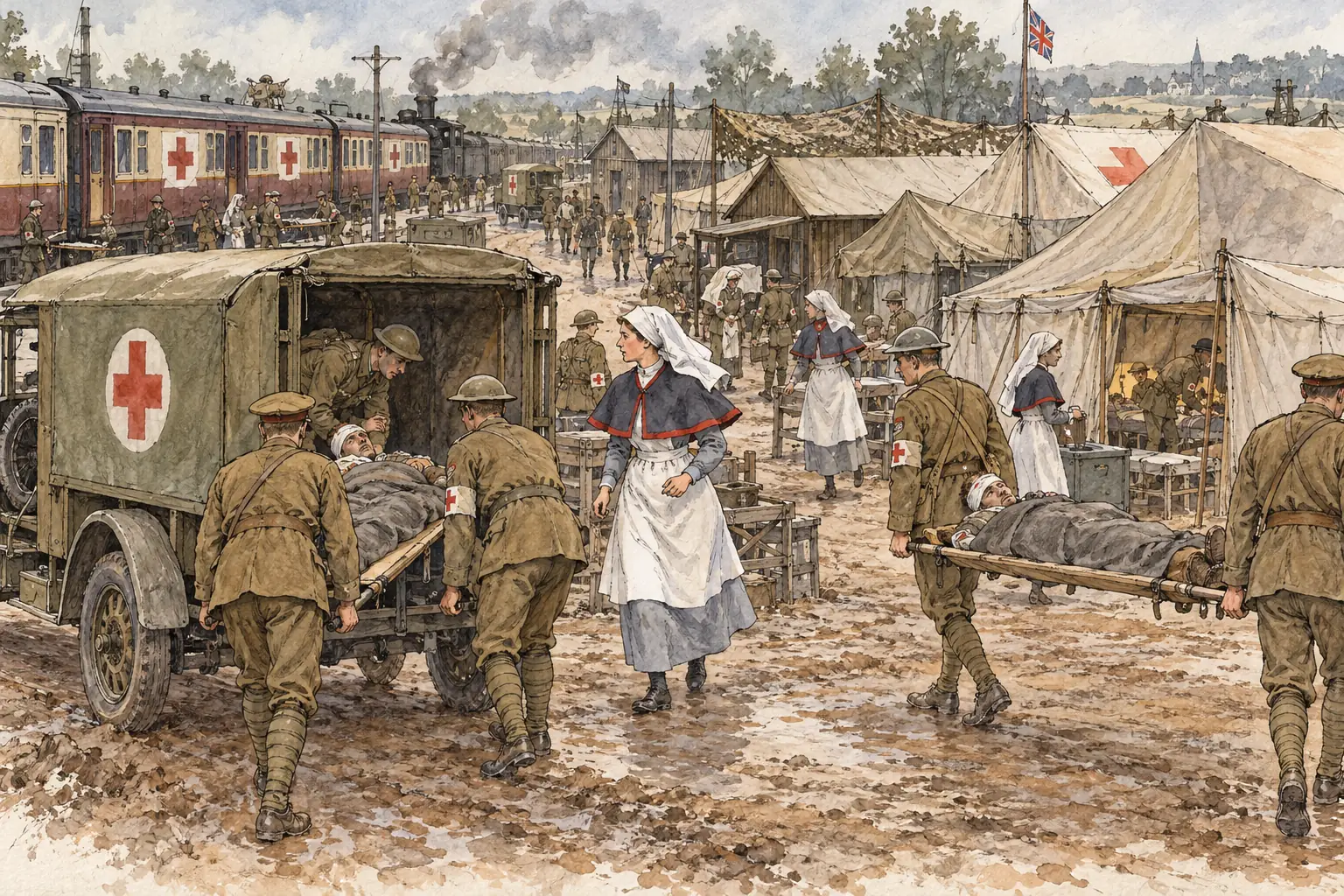 Casualty clearing stations, a few kilometres back near rail lines, carried out major surgery