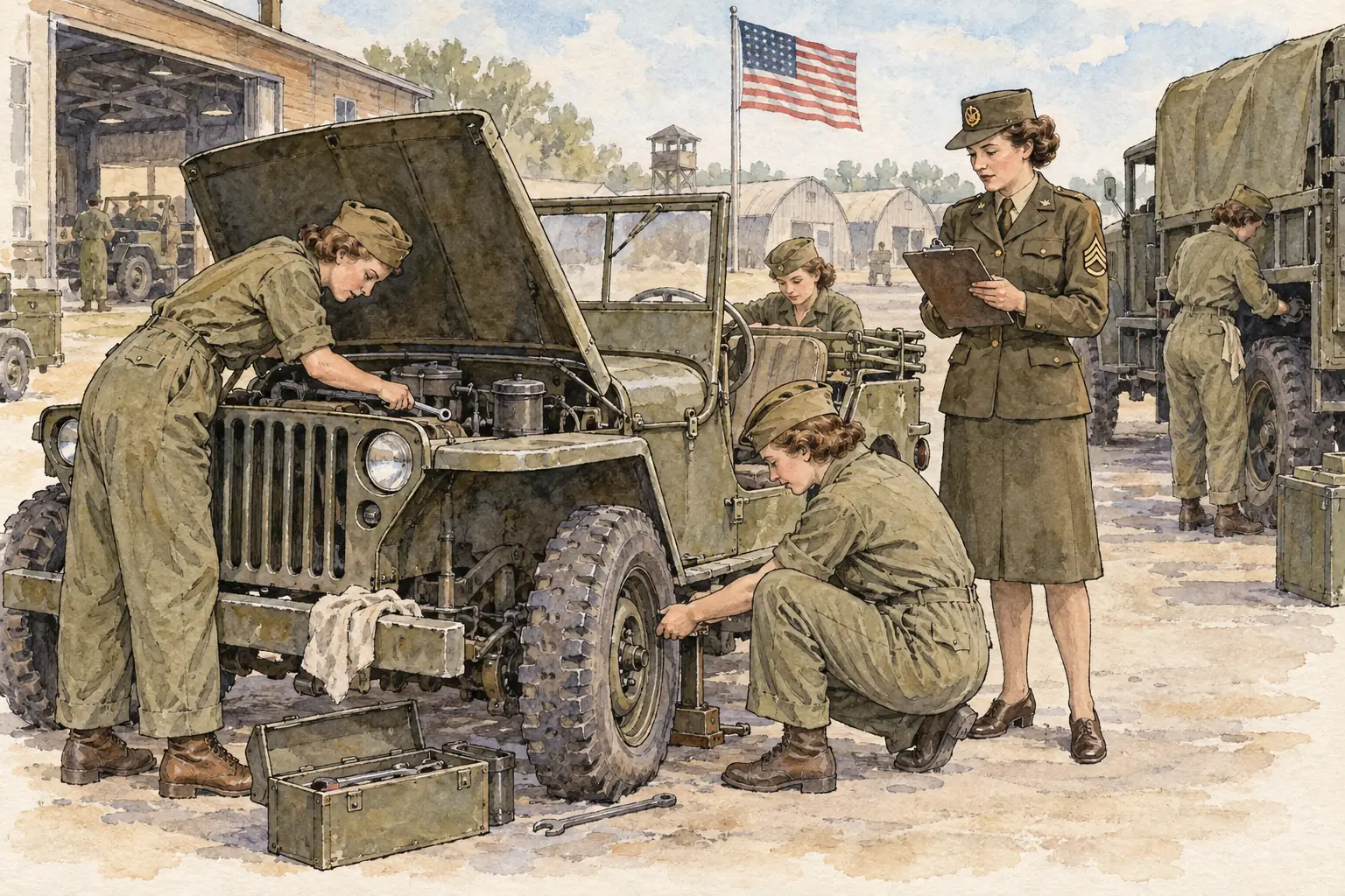 From 1943 women in the Women's Army Corps served as full members of the Army, in non-combat jobs such as mechanics, drivers and radio operators