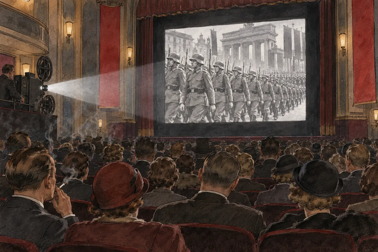 Newsreels shown before every main film gave cinema audiences the regime's version of the news, such as Germany's growing military strength.