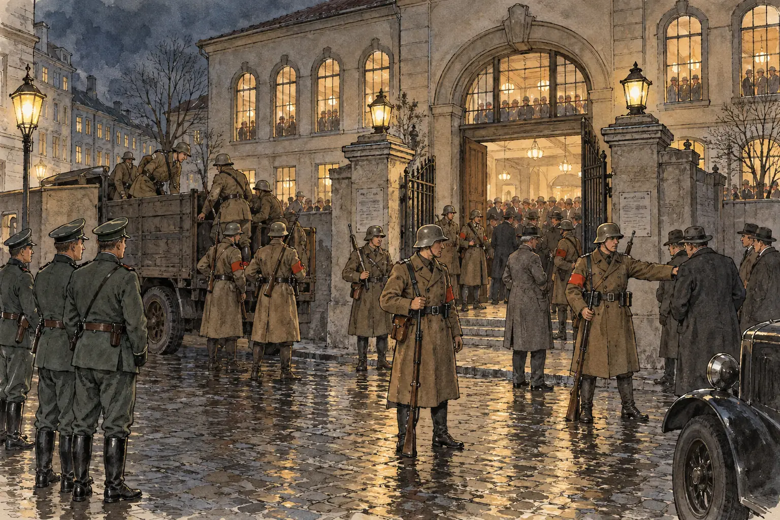 Armed Nazis held the Bürgerbräukeller on the night of 8 November 1923 while Hitler forced Kahr and the Bavarian leaders to back his revolution