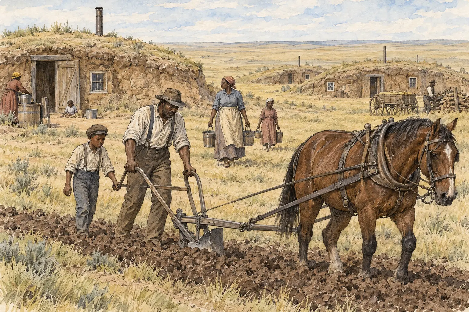 At Nicodemus in Kansas, the first settlers lived in dugouts cut into the ground while they broke the sod for farms.