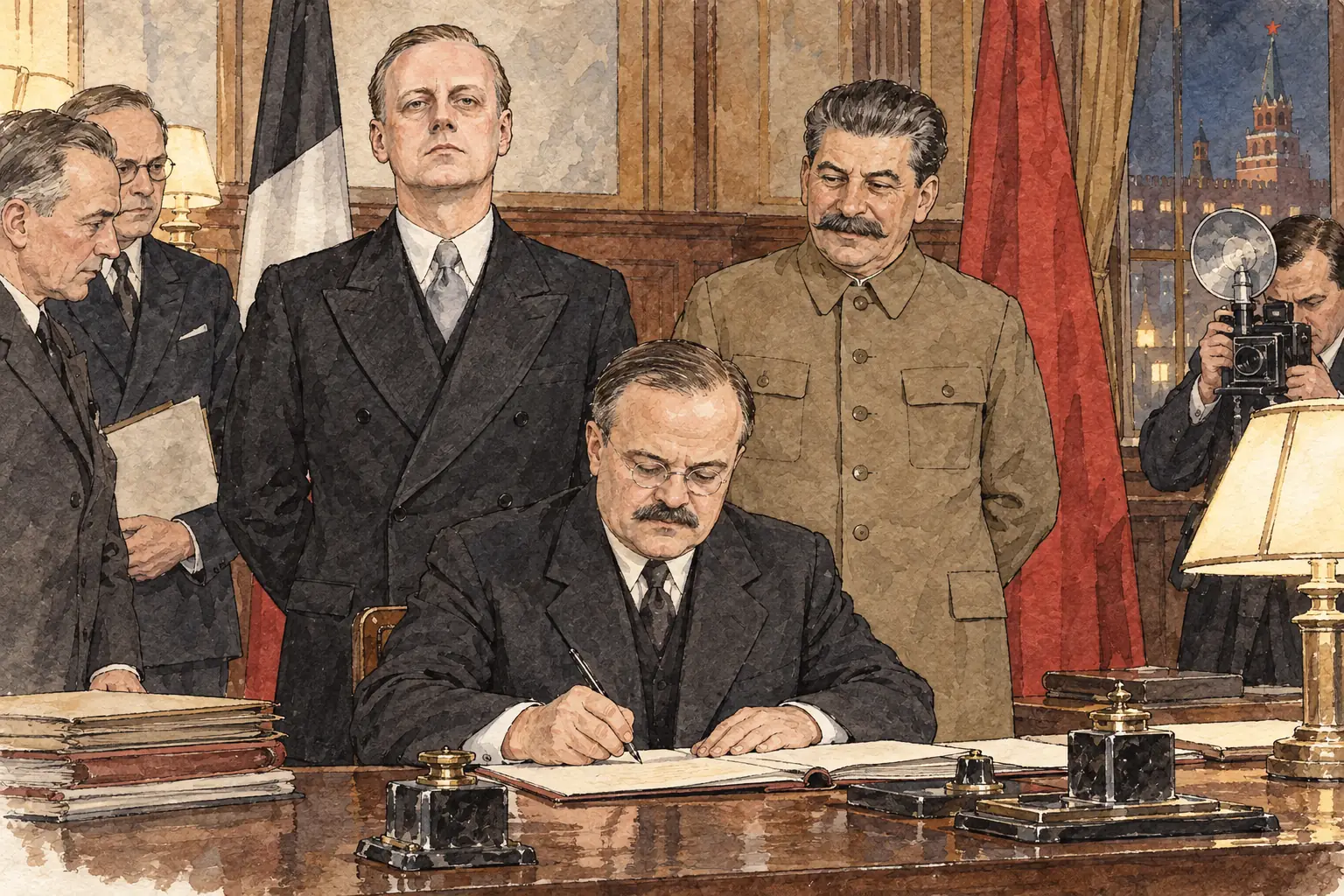 Molotov and Ribbentrop signed the pact in the Kremlin late on 23 August 1939, with Stalin looking on.