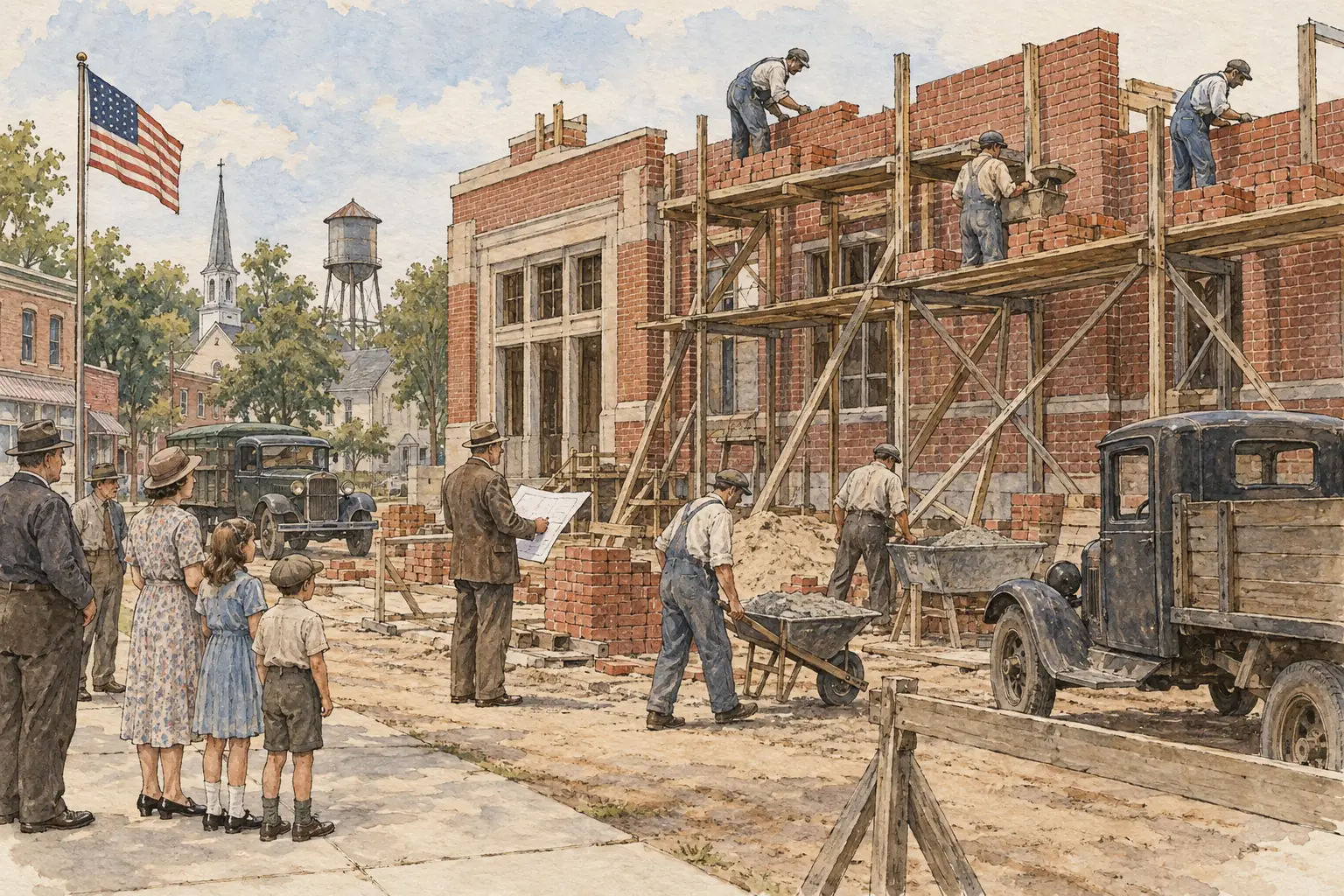 The Works Progress Administration employed jobless workers to build schools, roads and other public buildings