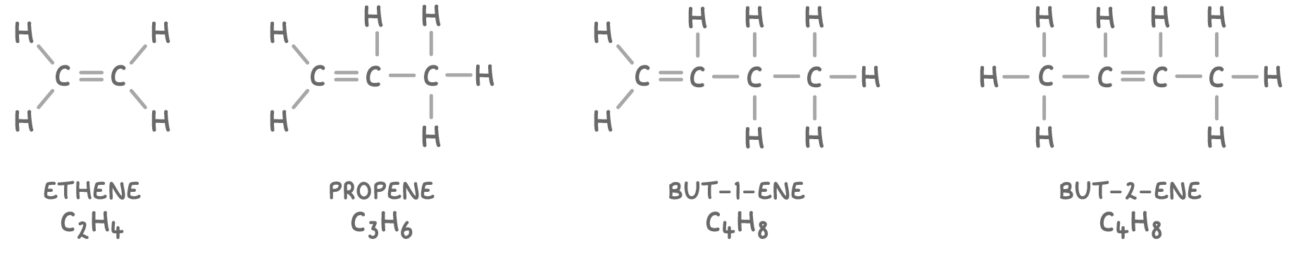 Four alkene structures in a row with every atom and bond drawn, labelled ethene C2H4, propene C3H6, but-1-ene C4H8 and but-2-ene C4H8, each showing one carbon-carbon double bond.