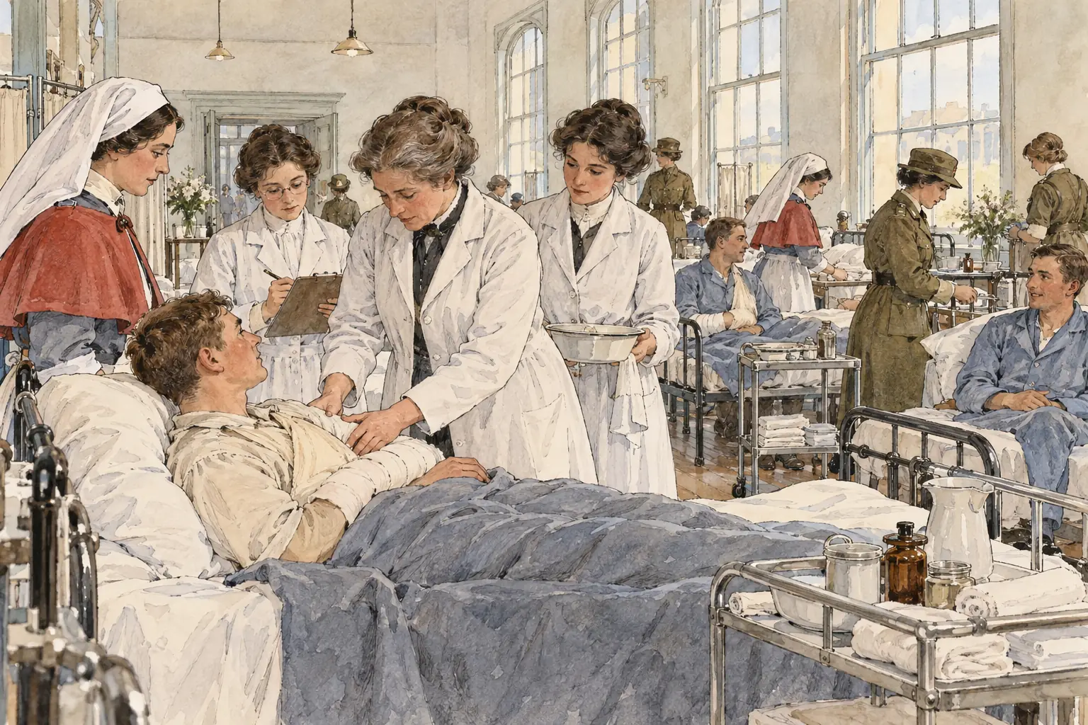 With many men at the front, women doctors and nurses ran wards and performed surgery in wartime hospitals.