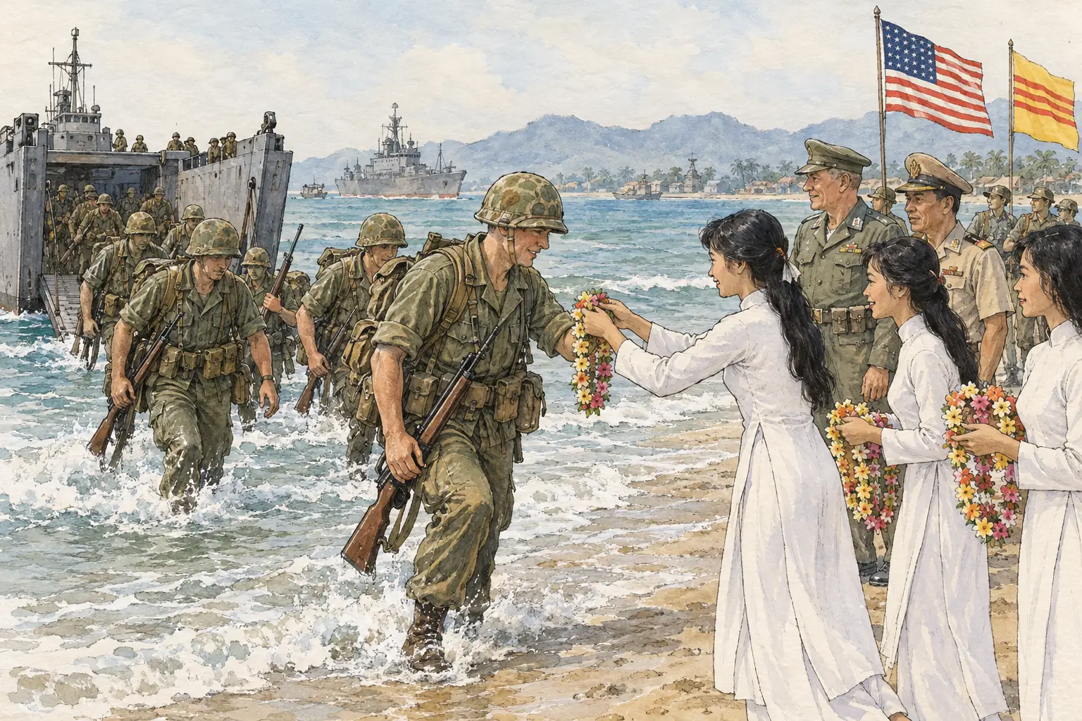 The first US ground combat troops, about 3,500 Marines, landed at Da Nang on 8 March 1965 to guard the American air base there.