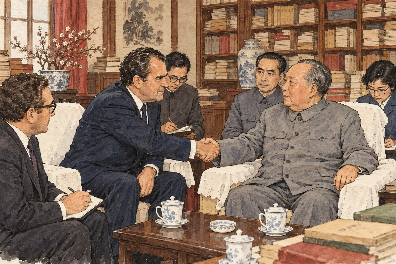 Nixon met Mao in Beijing on 21 February 1972, the first visit by a US president to the People's Republic of China.