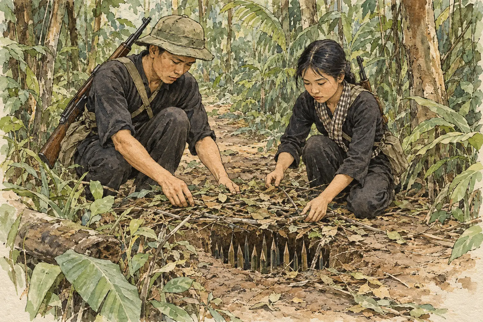 Booby traps such as punji pits, lined with sharpened bamboo stakes, injured soldiers and slowed every patrol