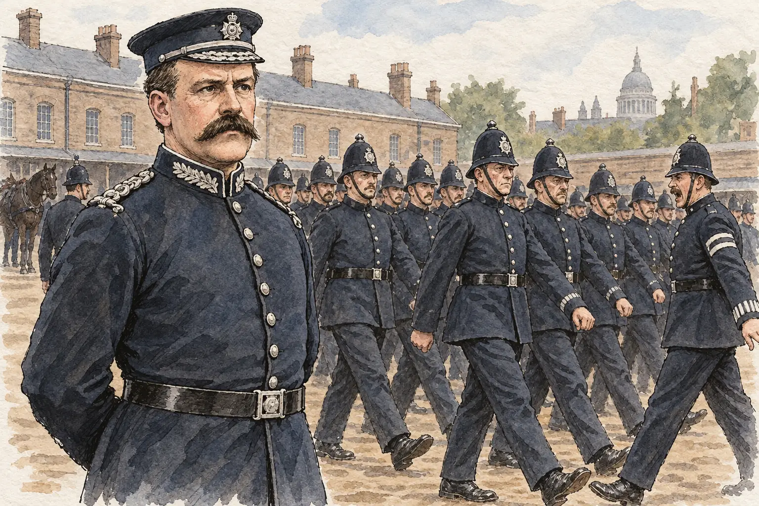 Sir Charles Warren, a former army officer who became Commissioner in 1886, brought military-style drill and discipline to the Metropolitan Police.