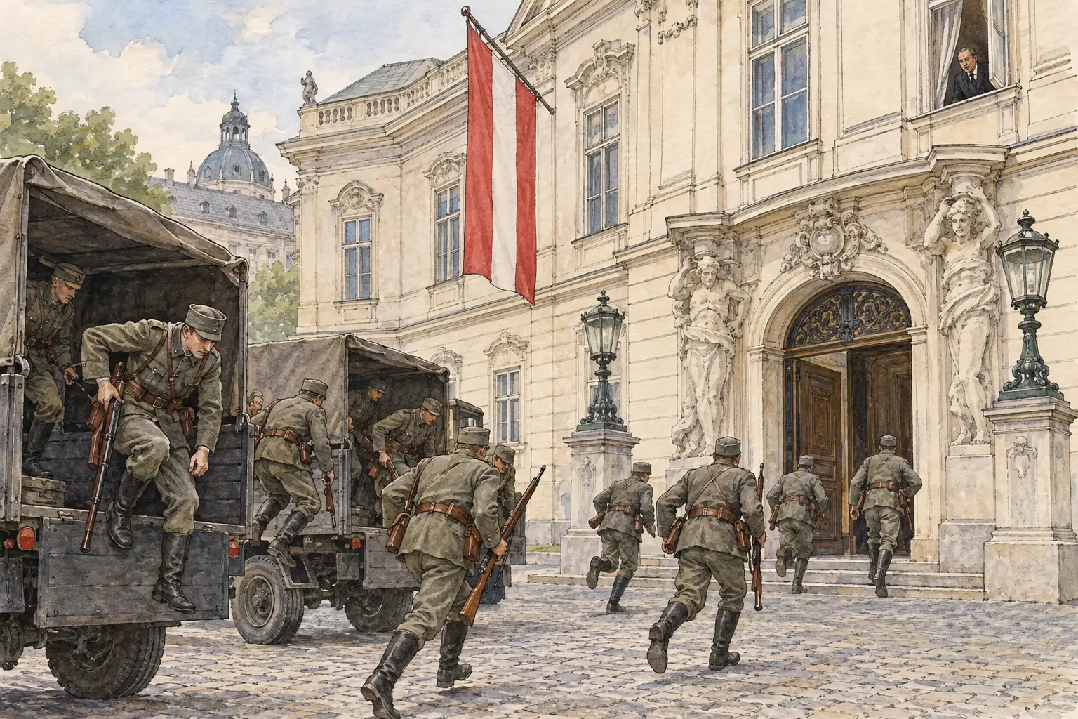 On 25 July 1934 Austrian Nazis disguised in army uniforms burst into the Chancellery in Vienna, where they shot Dollfuss.