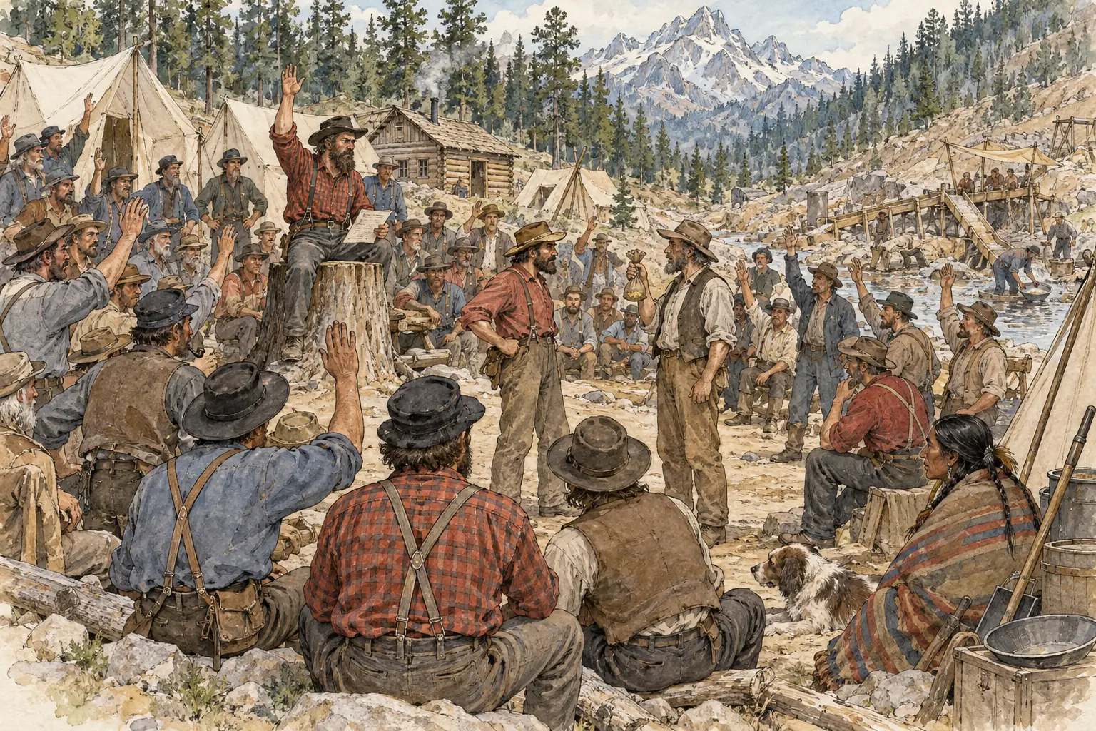 Miners' courts settled disputes over claims and minor crimes by a public hearing and a majority vote.
