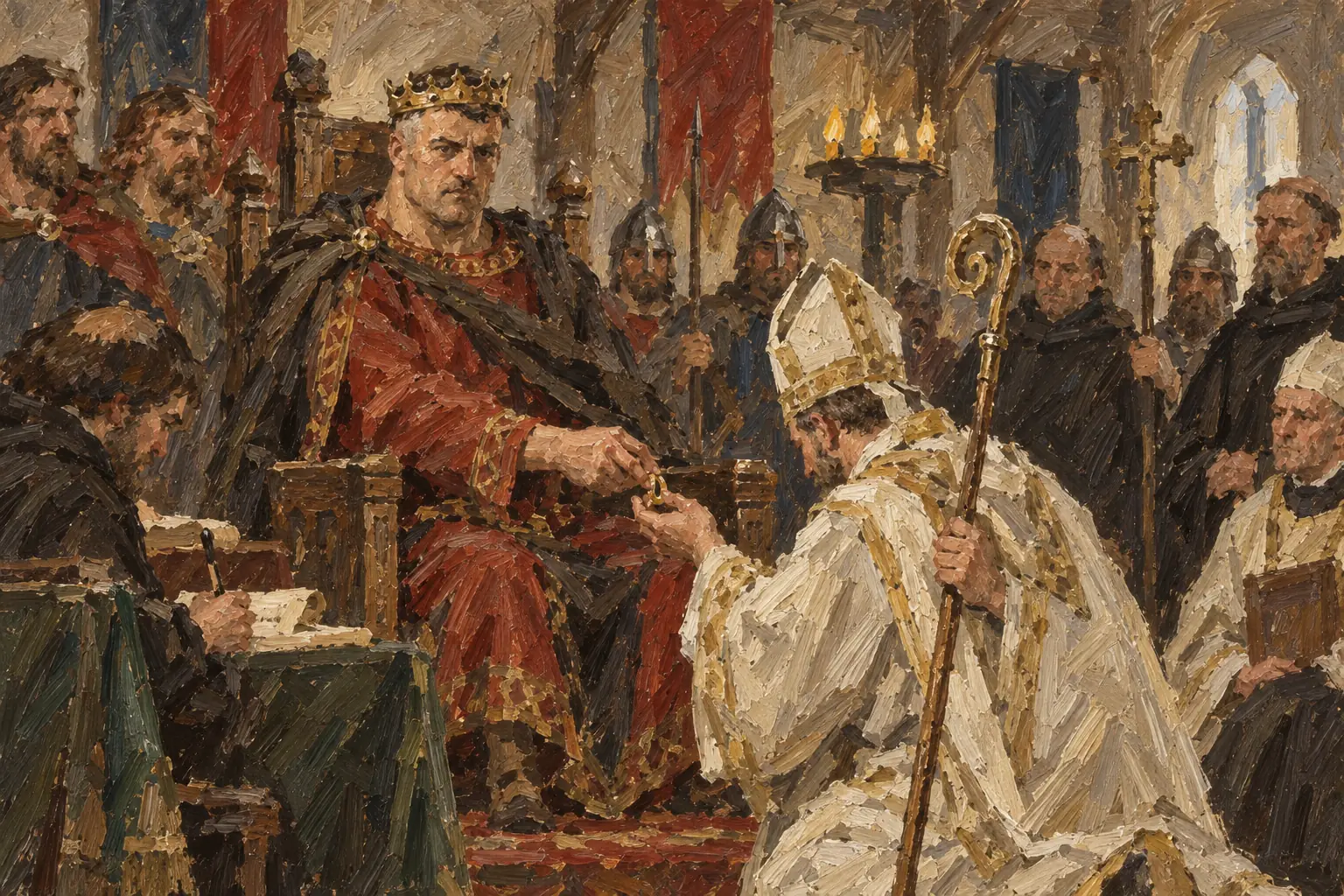 Lay investiture, a king handing a new bishop his ring and staff, was the practice that Pope Gregory VII condemned.