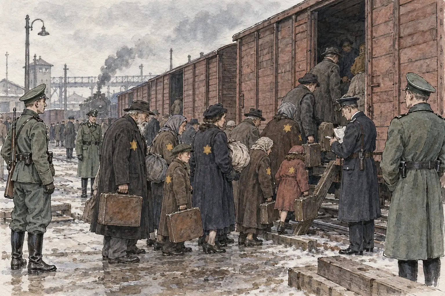 During 1942 Jews were deported by train to extermination camps such as Auschwitz, Treblinka and Sobibor