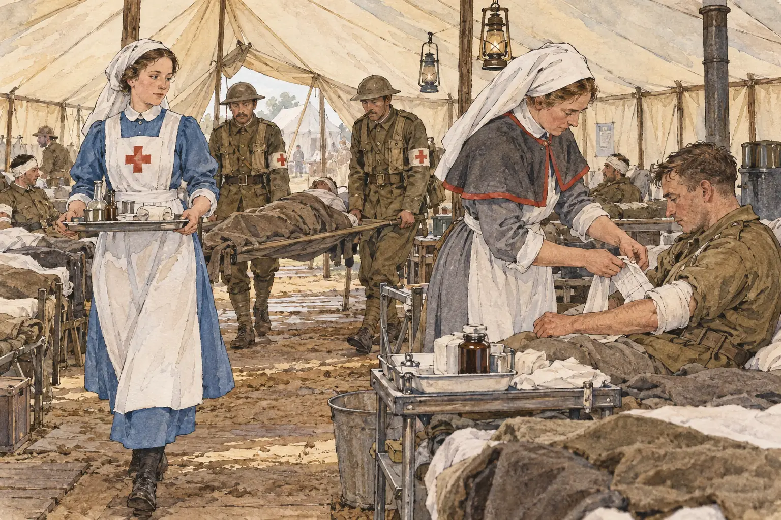 Trained nurses of the QAIMNS cared for the wounded alongside RAMC orderlies and VAD volunteers