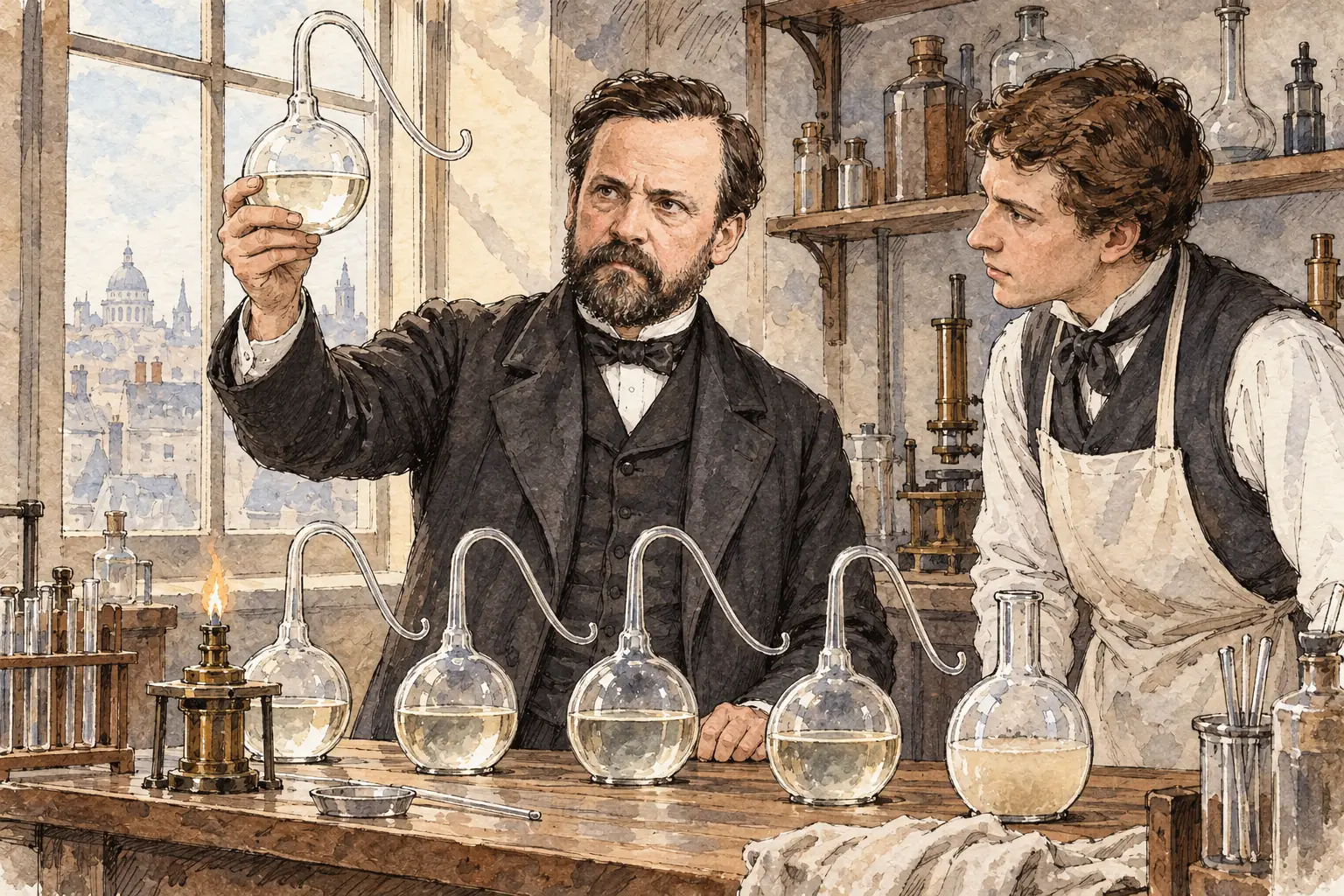 In 1861 his swan-neck flasks showed that broth stayed clear when microbes from the air could not reach it