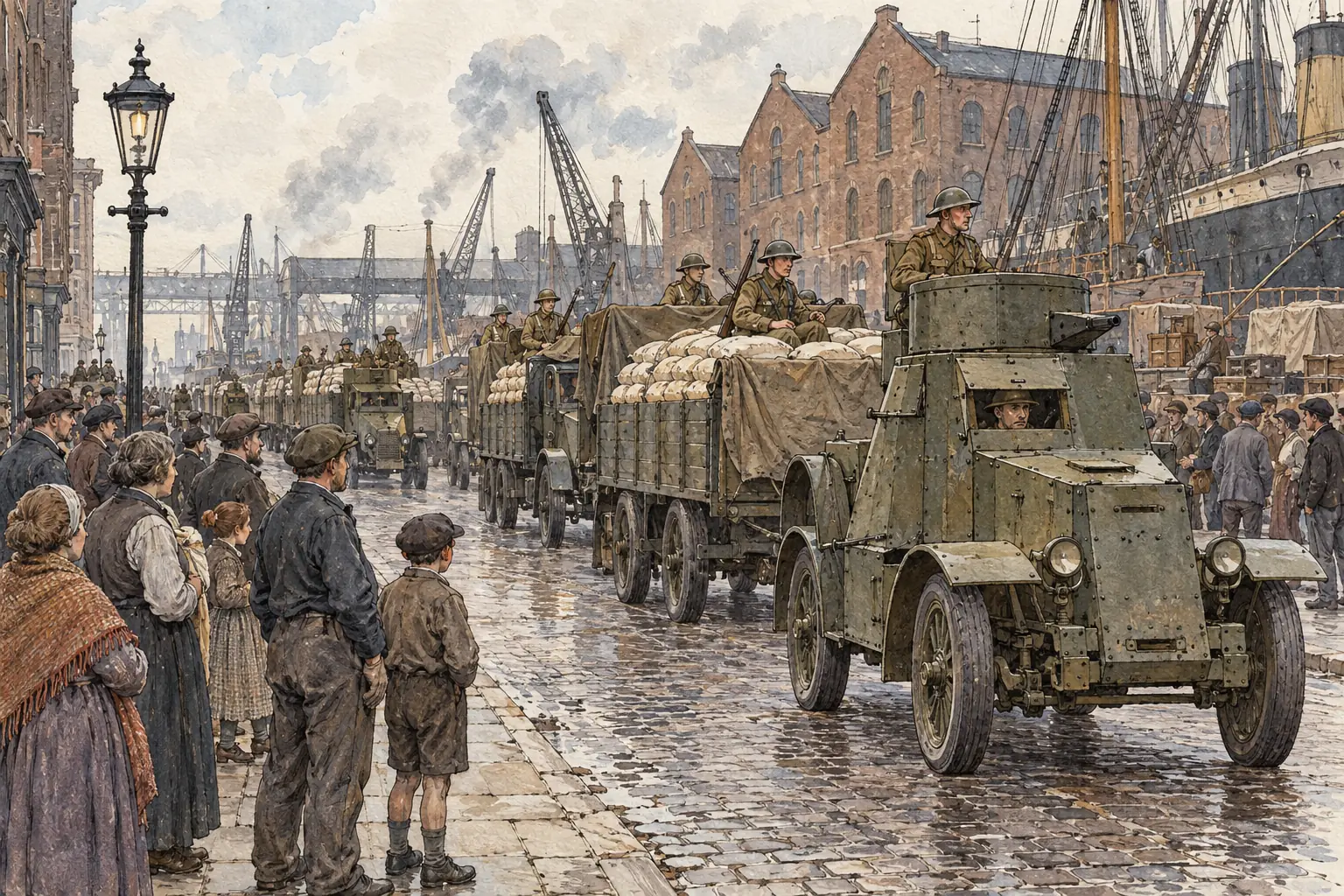 Soldiers and armoured cars escorted food lorries from the London docks