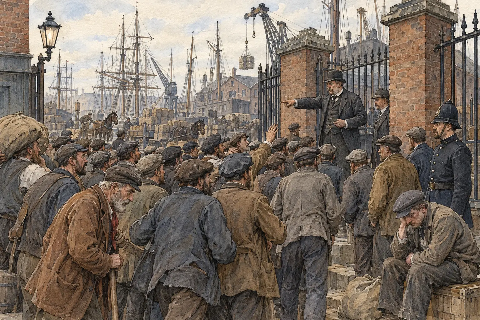 Each morning dock labourers gathered at the gates hoping a foreman would pick them for a day's work; those not chosen earned nothing.