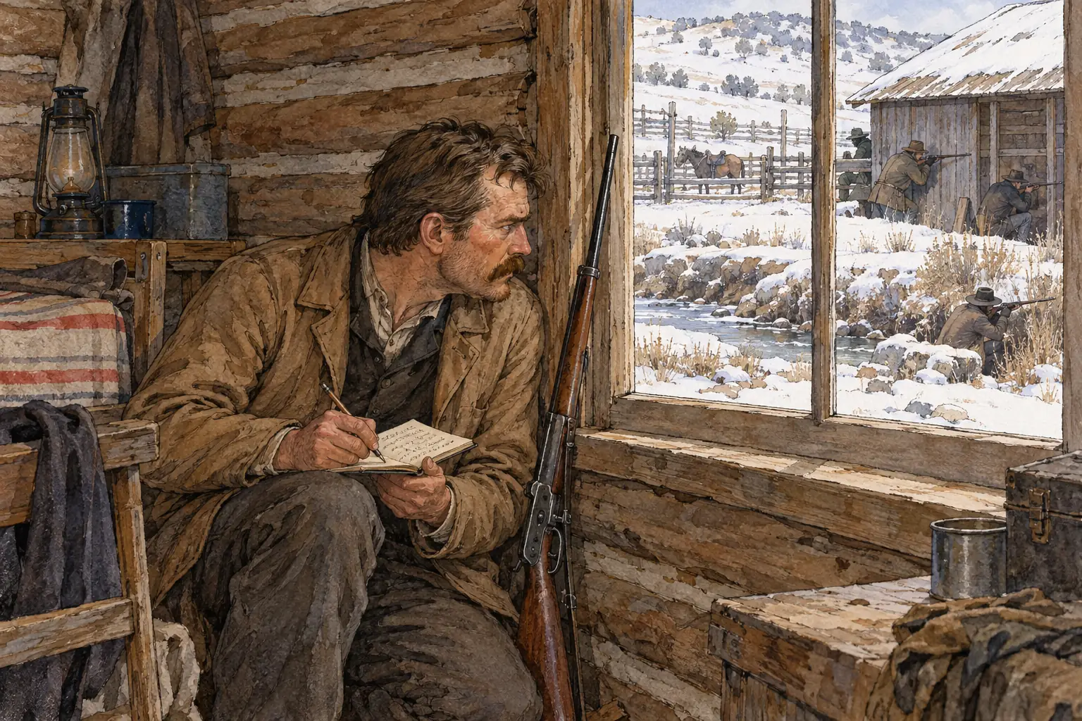 Nate Champion keeps a diary of the attack on the KC Ranch on 9 April 1892 while the invaders surround him