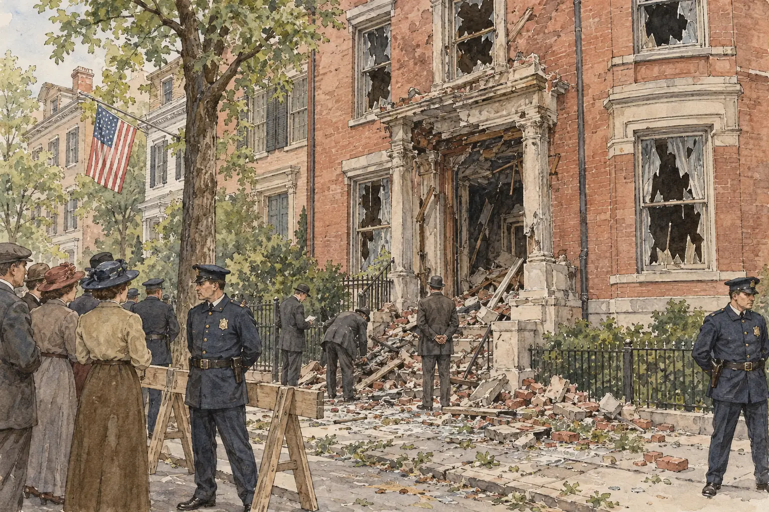 On 2 June 1919 an anarchist's bomb wrecked the front of Attorney General A. Mitchell Palmer's house in Washington, one of several bombs set off in American cities that night.