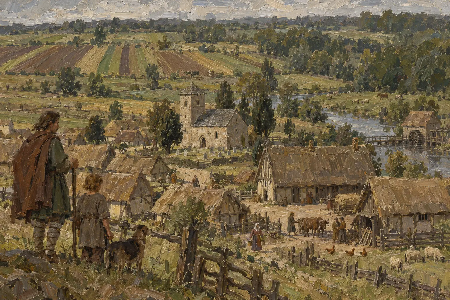 Most people lived in farming villages, where ceorls farmed their own small plots and slaves worked the land of others.