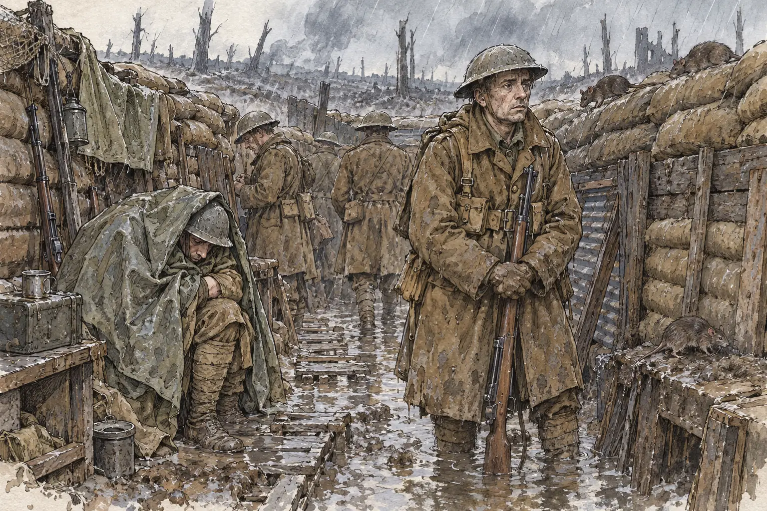 Persistent rain flooded the trenches, causing trench foot, while rats and lice spread disease.